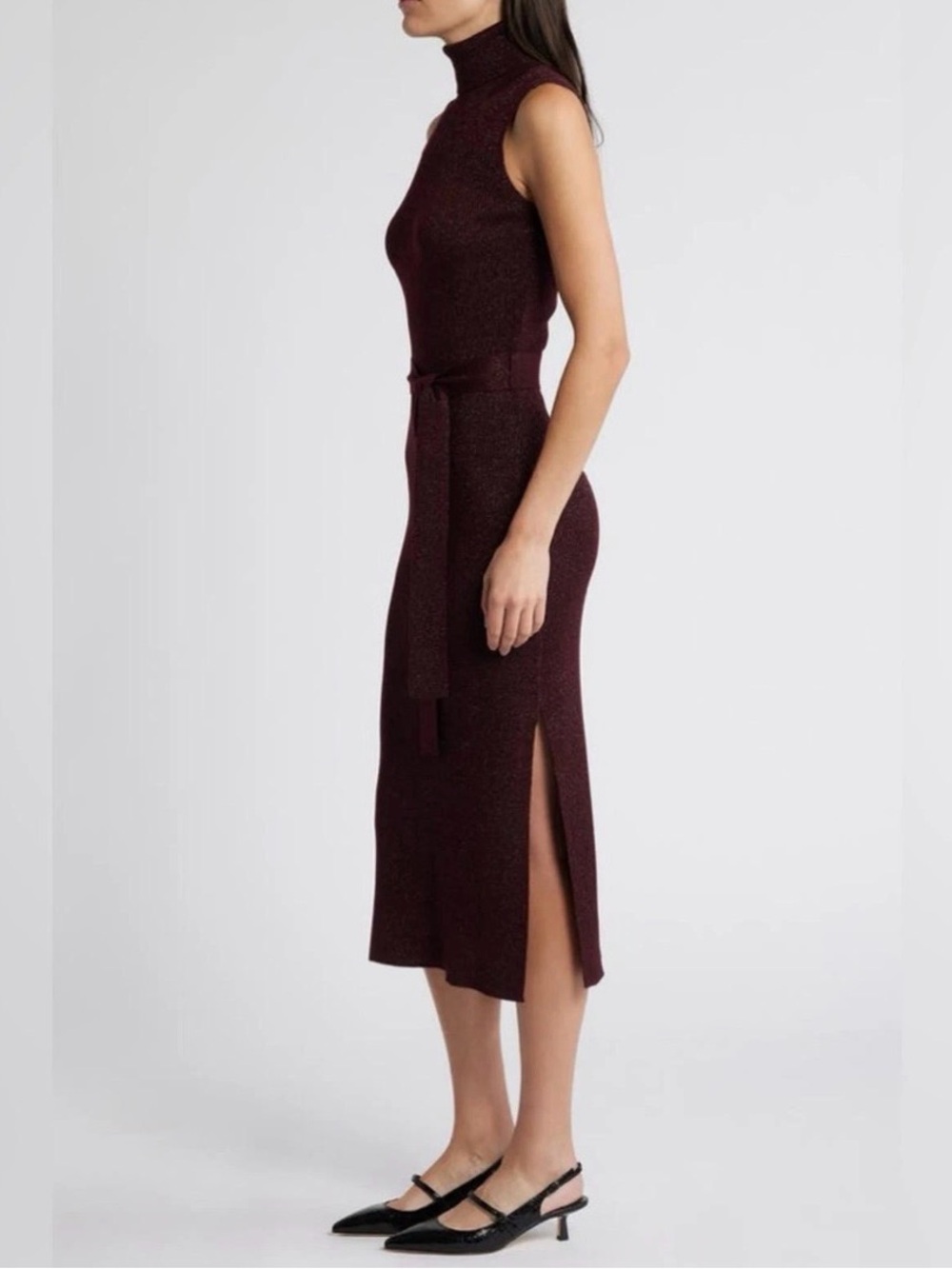 PAIGE Shimmery Ribbed Turtleneck Dress in Dark Burgundy